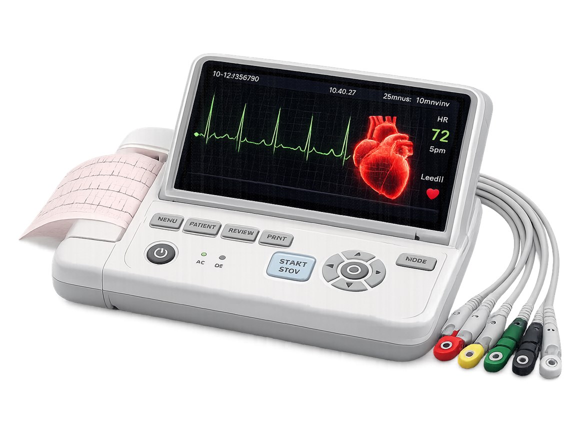 Electrocardiógrafo de consultorio con sus electrodos
